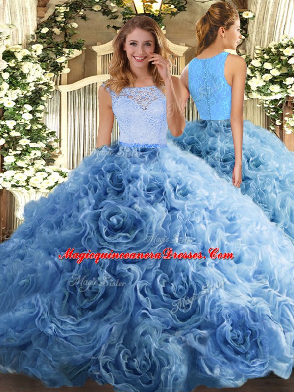 Baby Blue Ball Gowns Fabric With Rolling Flowers Scoop Sleeveless ...