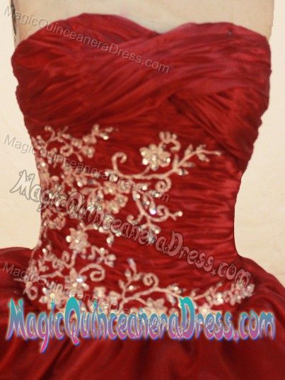 Wine Red Sweetheart Ruffled Applique Organza Quinceanera Party Dress