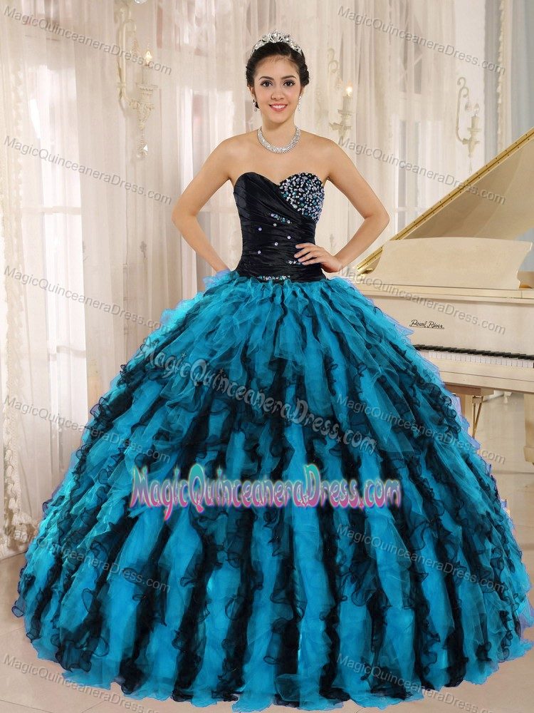 Beaded and Ruffled Sweetheart Black and Blue Quinceanera Dress in Newark