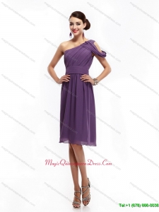 Affordable 2015 One Shoulder Dark Purple Dama Dresses with Ruching