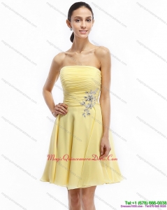 Affordable Strapless Mini Length Dama Dresses with Ruching