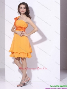 Affordable and Elegant One Shoulder Gold Dama Dresses with Ruching and Beading