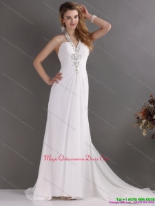Beautiful 2015 Halter Top White Dama Dress with Ruching and Beading