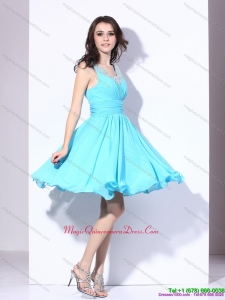 Perfect Beading and Ruching 2015 Dama Dress in Aqua Blue