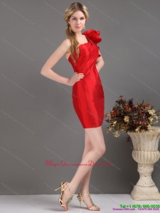 Affordable One Shoulder Mini Length Red Dama Dress with Ruching