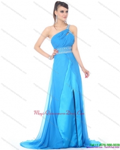 Discount 2015 One Shoulder Blue Long Dama Dress with Rhinestones