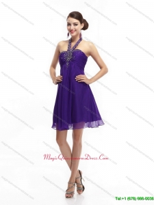 New Arrival Purple Beading Halter Top 2015 Dama Dresses with Ruching