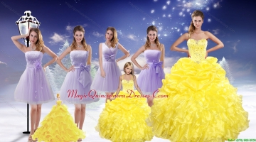 Yellow Sweetheart Beading Ruffles Quinceanera Dress and Lavender Short Dama Dresses and Beading Ruffles Little Girl Dress