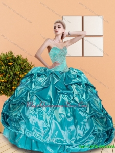 2015 Custom Made Sweetheart Teal Quinceanera Dresses with Beading and Pick Ups