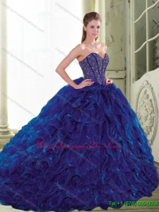 Custom Made 2015 Sweetheart Beading and Ruffles Navy Blue Quinceanera Dresses