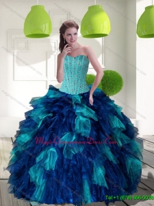 2015 Hot Sale Multi Color Sweet 15 Dress with Beading and Ruffles