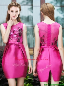 Luxurious Column Scoop Applique Hot Pink Dama Dress in Satin