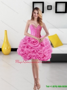 Cute Sweetheart Short Rolling Flowers Rose Pink Dama Dress for 2015
