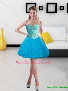 Discount 2015 Beading and Ruffles Short Dama Dress in Baby Blue