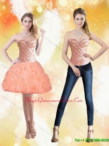 Discount Sweetheart Short Peach 2015 Dama Dress with Beading and Pick Ups
