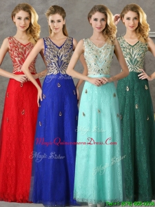 Fashionable V Neck Long Dama Dresses with Appliques and Beading