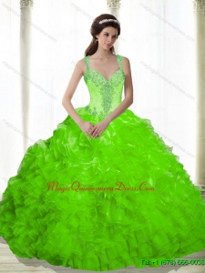 Custom Made Beading and Ruffles Sweetheart Dresses for a Quinceanera in Spring Green
