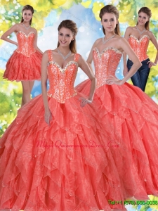 2015 Fashionable Beading and Ruffles Sweet Sixteen Quinceanera Gowns in Coral Red