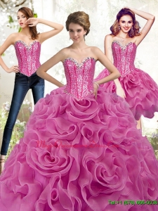 Fashionable Fuchsia 2015 Quinceanera Gown with Beading and Rolling Flowers