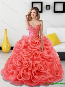 Luxury Beading and Rolling Flowers Coral Red Sweet 15 Quinceanera Dresses for 2015