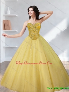 Puffy Tulle Beading Sweetheart Gold Quinceanera Gowns for 2015