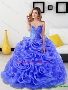 2015 Puffy Beading and Rolling Flowers Sweet 15 Quinceanera Gowns in Royal Blue
