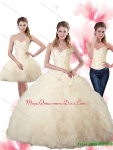 Luxury Beaded Sweetheart Champagne Quinceanera Dresses with Ruffles