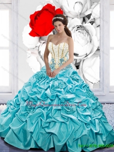 Puffy Pick Ups and Beaded Quinceanera Dresses with Hand Made Flowers