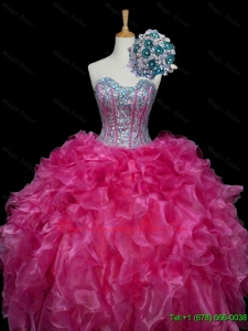 Fast Delivery Sweetheart Hot Pink Quinceanera Dresses with Sequins and Ruffles