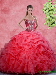 2016 Spring Hot Sale Beaded and Ruffles Quinceanera Gowns in Coral Red