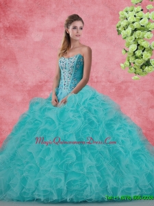 2016 Spring Pretty Strapless Beaded and Ruffles Quinceanera Dresses in Aqua Blue