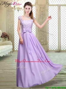 2016 Fashionable Square Cap Sleeves Lavender Dama Dresses with Belt