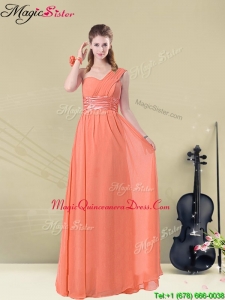 Affordable One Shoulder Floor Length Dama Dresses with Ruching and Belt