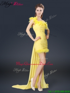 Sweet One Shoulder Watteau Train Dama Dresses in Yellow