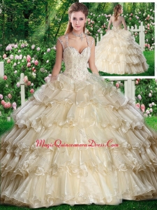 Beautiful Straps Champange Sweet 16 Dresses with Beading and Ruffled Layers