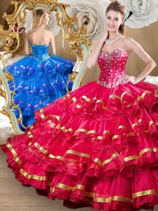 2016 Perfect Red Quinceanera Dresses with Beading and Ruffled Layers