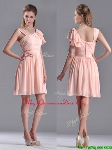2016 Simple Empire Ruched Peach Dama Dress with Asymmetrical Neckline