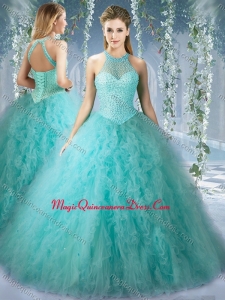 Popular Mint Quinceanera Formal Quinceanera Dress With Beaded Decorated Bodice and High Neck