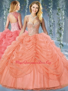 Formal Beaded and Bubble Big Puffy Organza Sweet 16 Dress in Orange Red