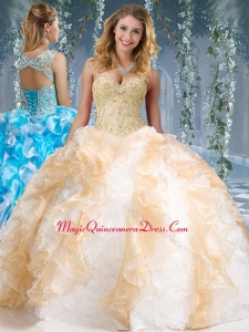 Formal hionable Organza and Rolling Flowers Big Puffy Quinceanera Dress in Chamagne and White