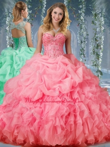 Cute Organza Big Puffy Watermelon Quinceanera Dress with Beading and Ruffles