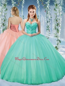 Cute Taffeta Beaded Puffy Skirt Quinceanera Gown in Turquoise