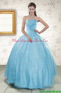 2015 Strapless Beading Affordable Quinceanera Dresses in Baby Blue
