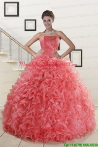 2015 New Arrival Watermelon Red Sweet 15 Dress with Beading
