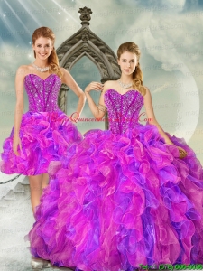 2015 Detachable and Puffy Fuchsia and Lavender Quince Dresses with Beading and Ruffles