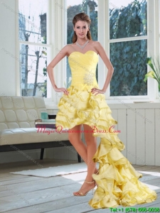 Affordable Light Yellow Sweetheart High Low Dama Dress with Ruffled Layers