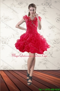 Discount Beading Sweetheart Red 2015 Dama Dresses with Ruffles