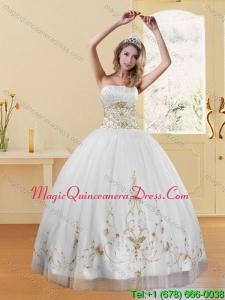 2015 Detachable Strapless Appliques White and Gold Dresses for Quinceanera