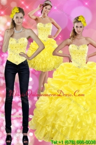 Detachable Yellow 2015 Quince Dresses with Beading and Ruffles