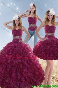Fashionable Burgundy Sweet 15 Dresses with Beading and Ruffles